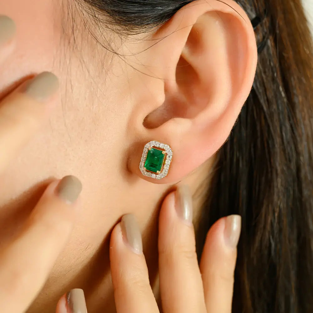 7x5mm Octagon Cut Emerald & Diamond 18K Yellow Gold Halo Stud Earrings For Women's