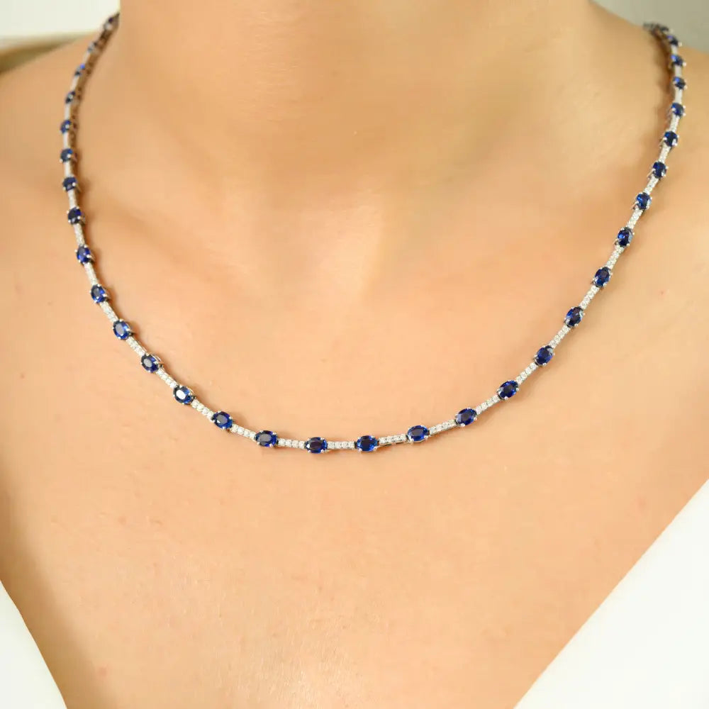 ODM OEM Jewelry Natural Blue Sapphire & Diamond Tennis Necklace Real K14 White Gold