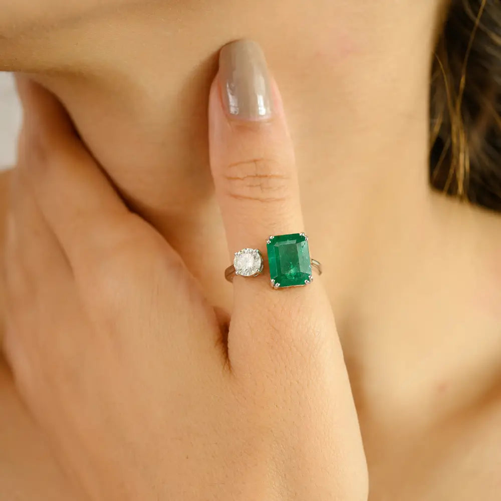Precious Gemstone Double Prong Set Emerald & Diamond 14K White Gold Open Ring Unisex