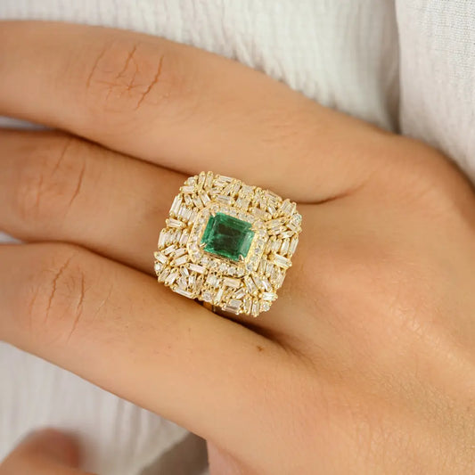 6x5mm Octagon Cut Emerald & Diamond Bold Wedding Ring Pure 14K Yellow Gold Fine Jewelry