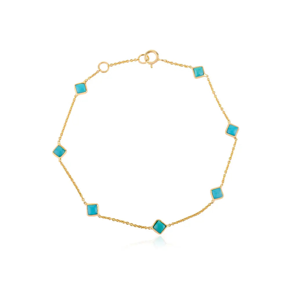 Square Cut Turquoise Gemstone Dainty Station Bracelet Real K14 Yellow Gold Minimal Jewelry