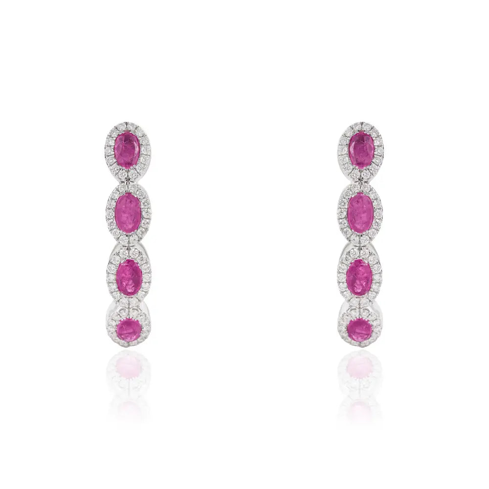 100% Genuine Ruby & Diamond Halo Hoop Earrings Bold Jewelry For Women's 14K White Gold