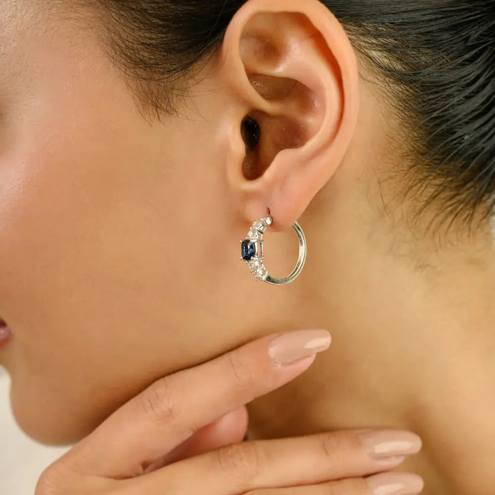 Cushion Shape Blue Sapphire & Diamond Fine Women Hoop Earrings 14K Real White Gold Jewelry