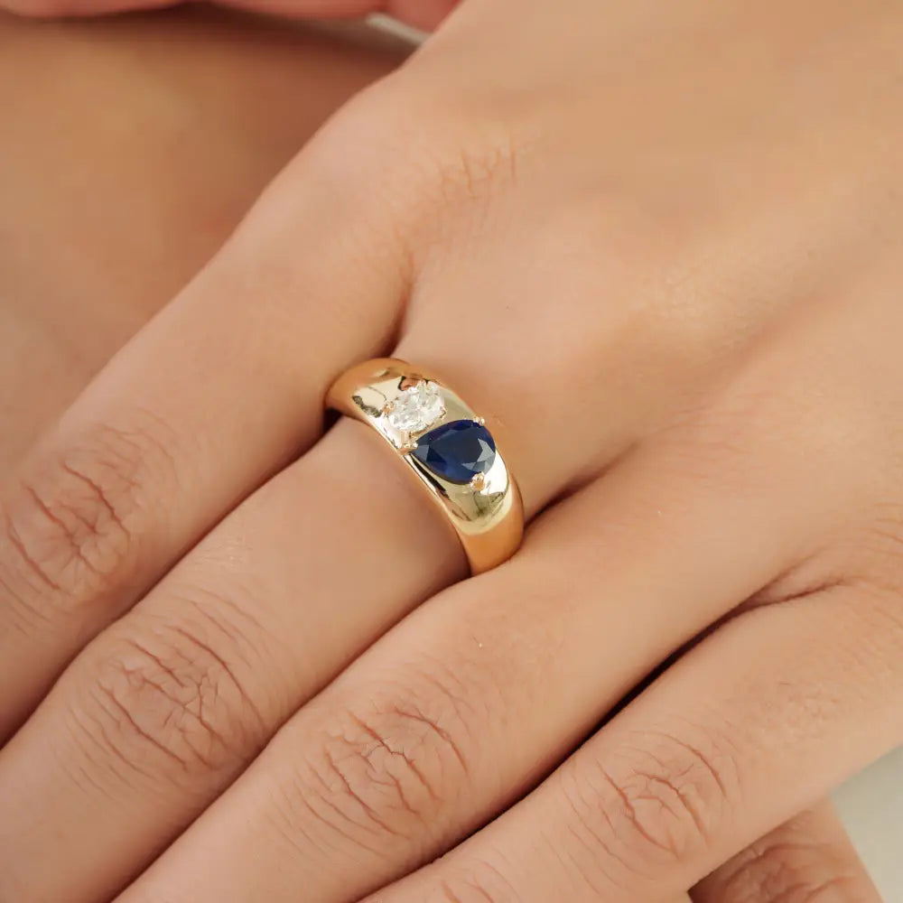 14K Yellow Gold Blue Sapphire & Diamond Toi et Moi Dome Ring Statement Jewelry Unisex