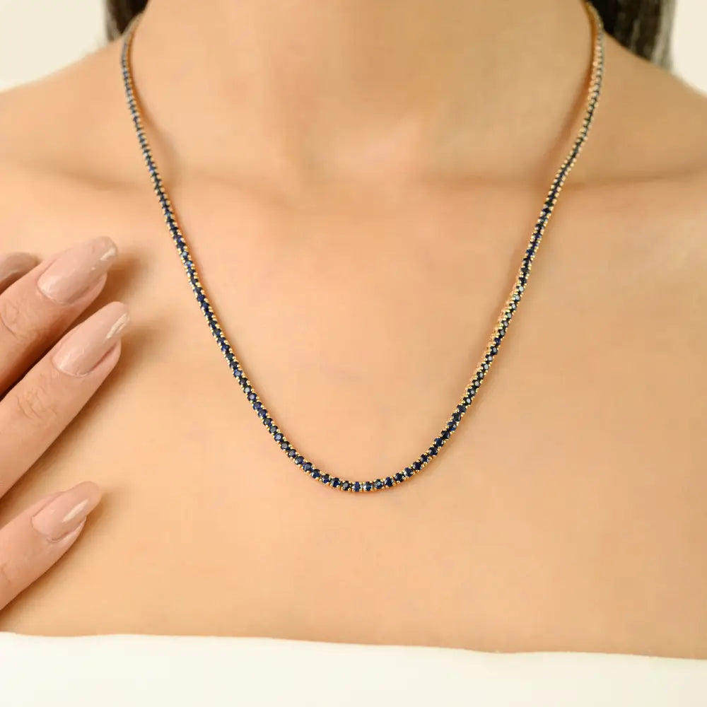 New Trendy 14K Real Yellow Gold Blue Sapphire Sleek Tennis Necklace Party Wear Jewelry