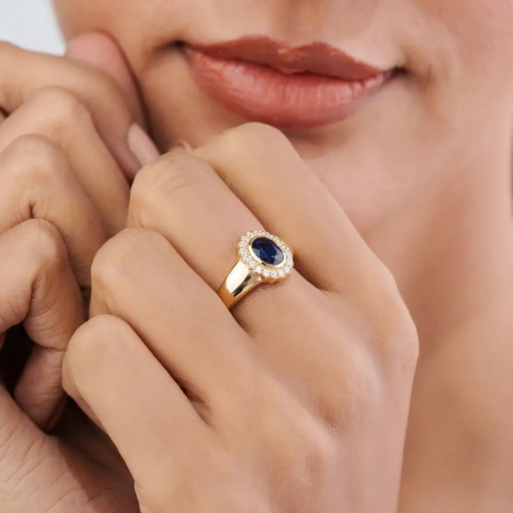 14K Solid Yellow Gold Blue Sapphire & Diamond Halo Signet Ring For Men's Wedding Jewelry