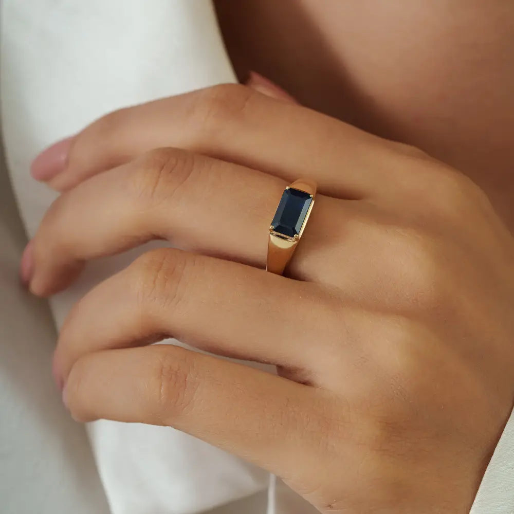 6x9 mm Octagon Cut Blue Sapphire Chunky Signet Ring For Men's 14K Real Yellow Gold Jewelry