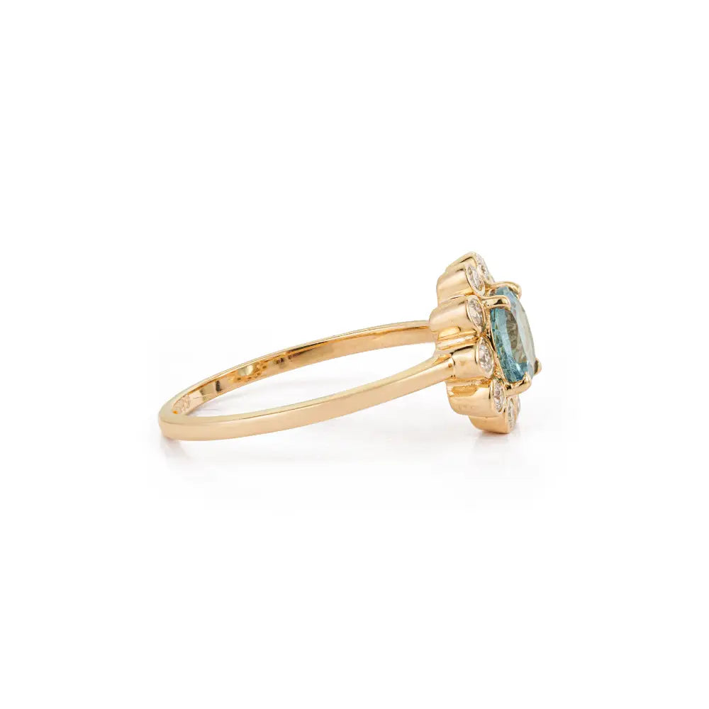 Round Cut Aquamarine & Diamond 14K Yellow Gold Floral Cluster Ring Customized Jewelry