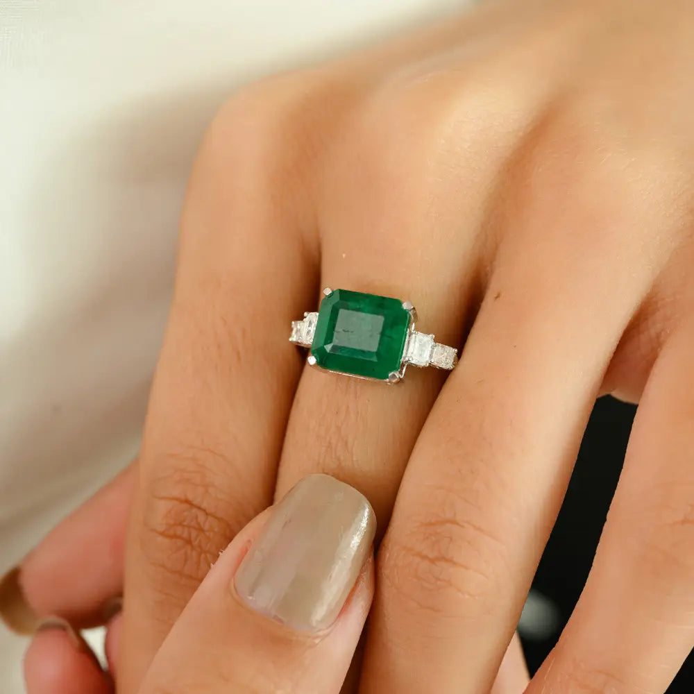 Best Seller Trending Pure K14 White Gold Emerald & Diamond Statement Ring Custom Jewelry