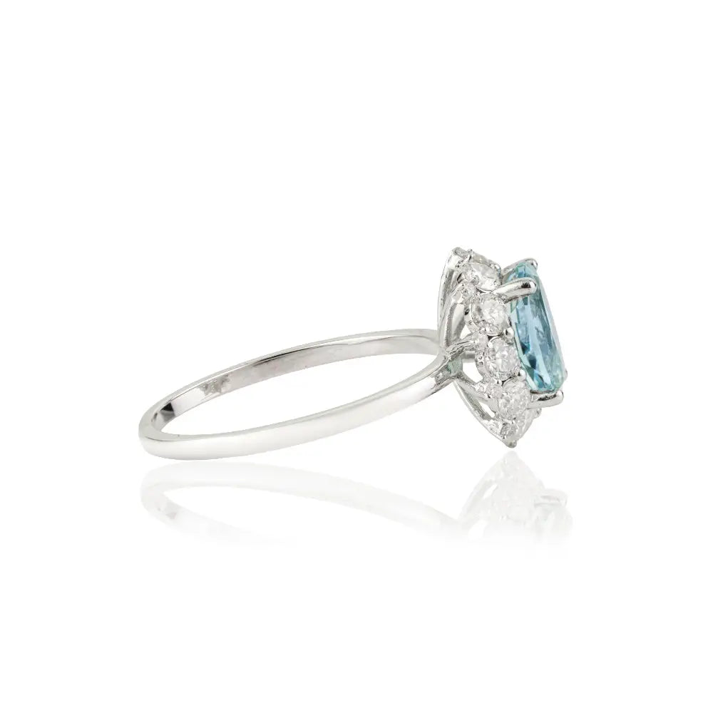 Prong Set Aquamarine & Diamond Cluster Ring New Trendy 14K White Gold Fine Jewelry