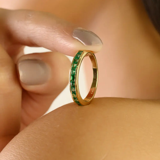 Elegant Design Zambian Emerald Stackable Half Band Ring 14K Yellow Gold Fine Jewelry