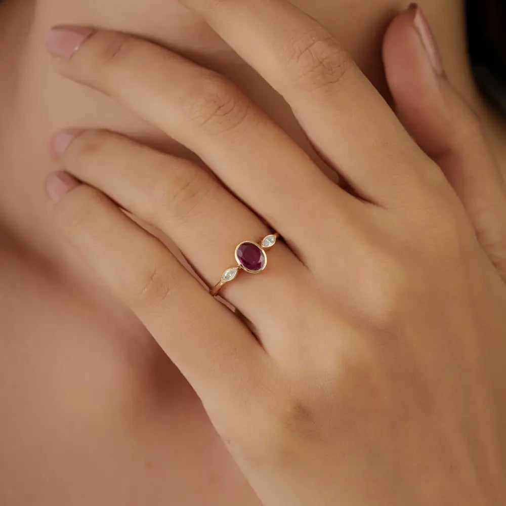 18K Solid Yellow Gold Bezel Set Ruby & Diamond Stack Three Stone Ring July Birthstone Jewelry