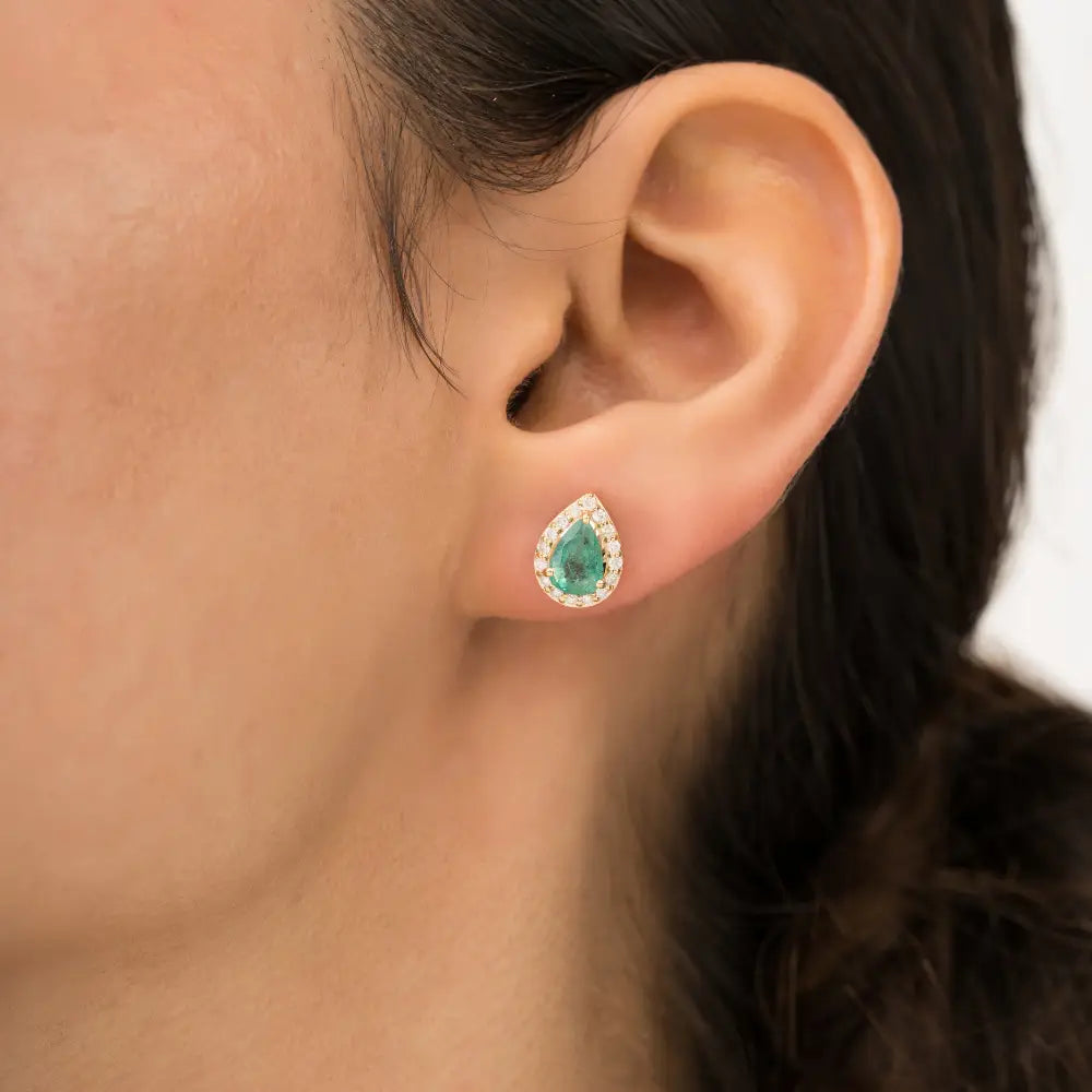 100% Real Emerald & Diamond Pear Shape Halo Stud Earrings 18K Solid Yellow Gold Jewelry