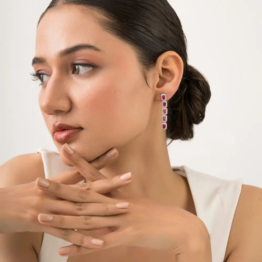 Luxurious Ruby & Diamond K14 Solid White Gold Halo Dangle Earrings For Women's Bold Jewelry