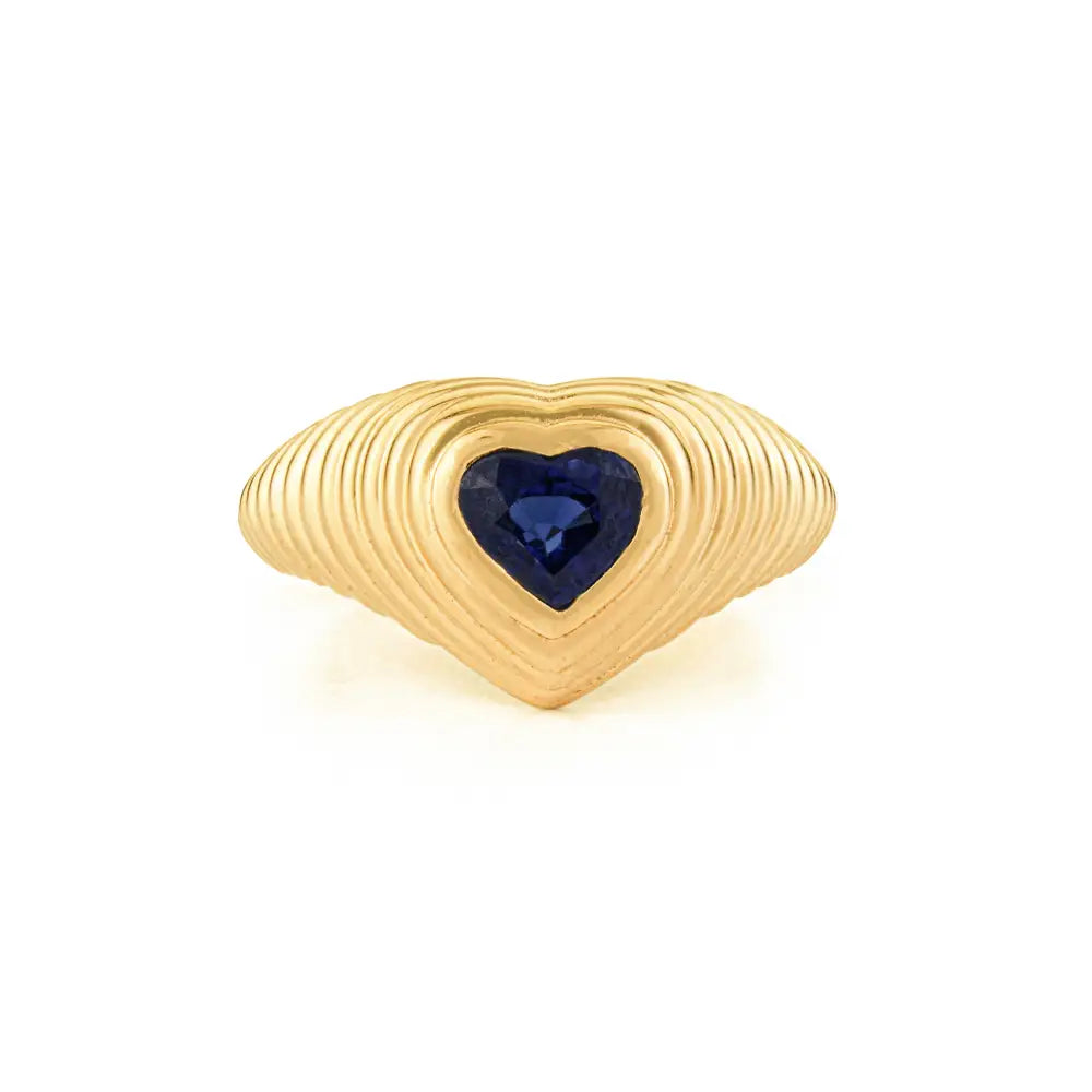 Gypsy Set Blue Sapphire Gemstone Heaty Shape Croissant Pinky Ring 14K Yellow Gold Jewelry