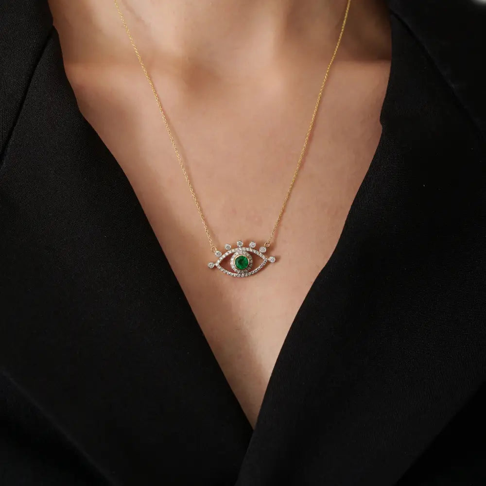 Unique Design Emerald & Diamond Evil Eye Pendant Necklace Fine 14K Yellow Gold Jewelry