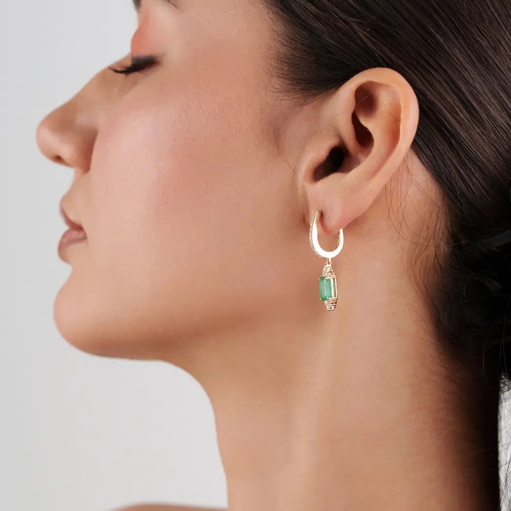 Elegant Design Solid K14 Yellow Gold Emerald & Diamond Hoop Drop Earrings For Women's
