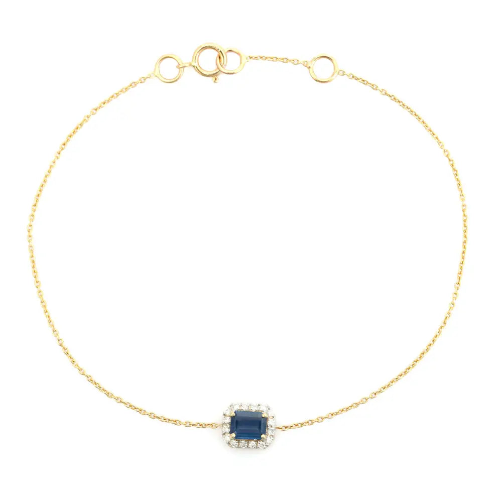 New Trendy 14K Yellow Gold Blue Sapphire & Diamond Solitaire Halo Bracelet Stacking Jewelry