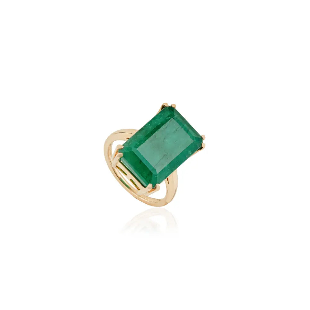 Double Prong Set 12.6 Ct. Emerald Single Stone Ring Wedding 18K Pure Yellow Gold Jewelry