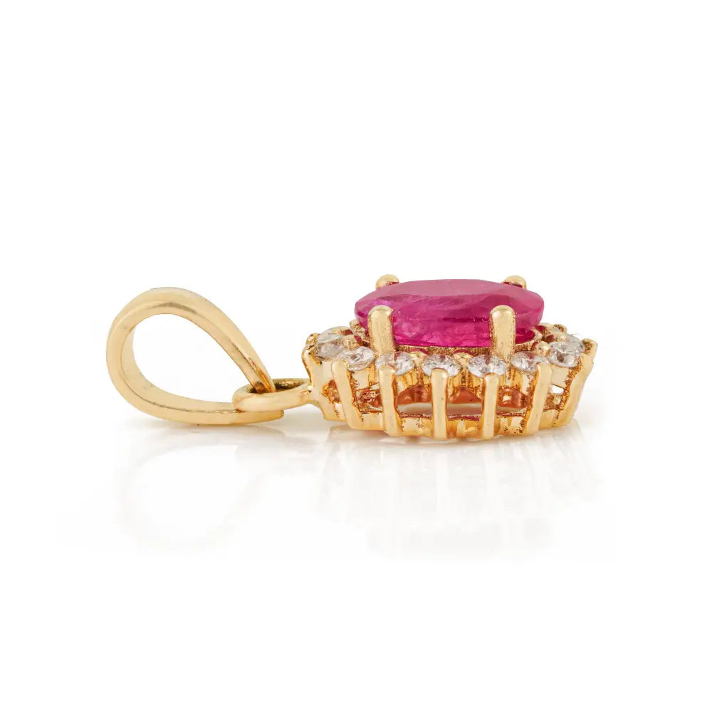 July Birthstone Real Ruby & Diamond 14K Yellow Gold Cluster Pendant Anniversary Gift
