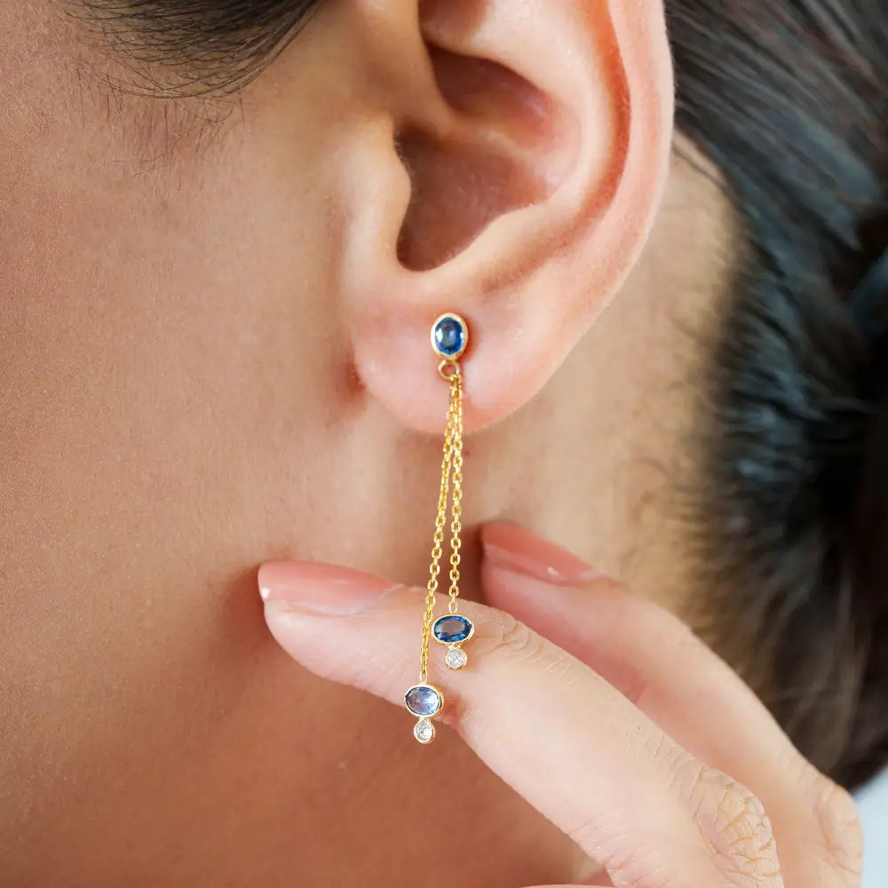 Delicate Design K18 Yellow Gold Blue Sapphire & Diamond Double Link Chain Dangle Earrings