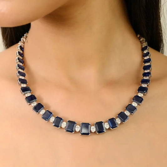 Octagon Shape Blue Sapphire & Oval Cut Diamond Statement Tennis Necklace 18K Solid Gold