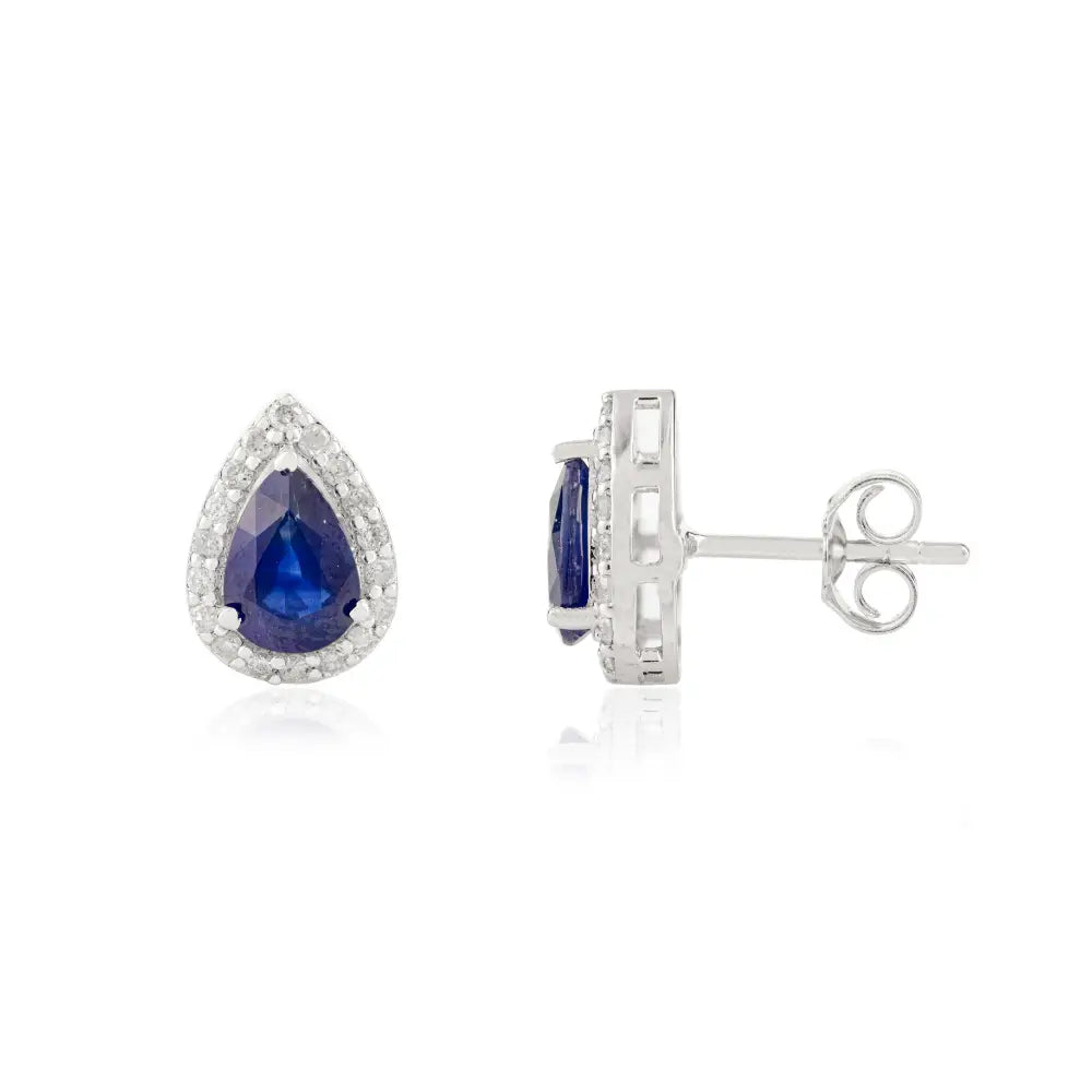 Solid K18 White Gold Blue Sapphire & Diamond Minimal Pear Shape Halo Stud Earrings Women's