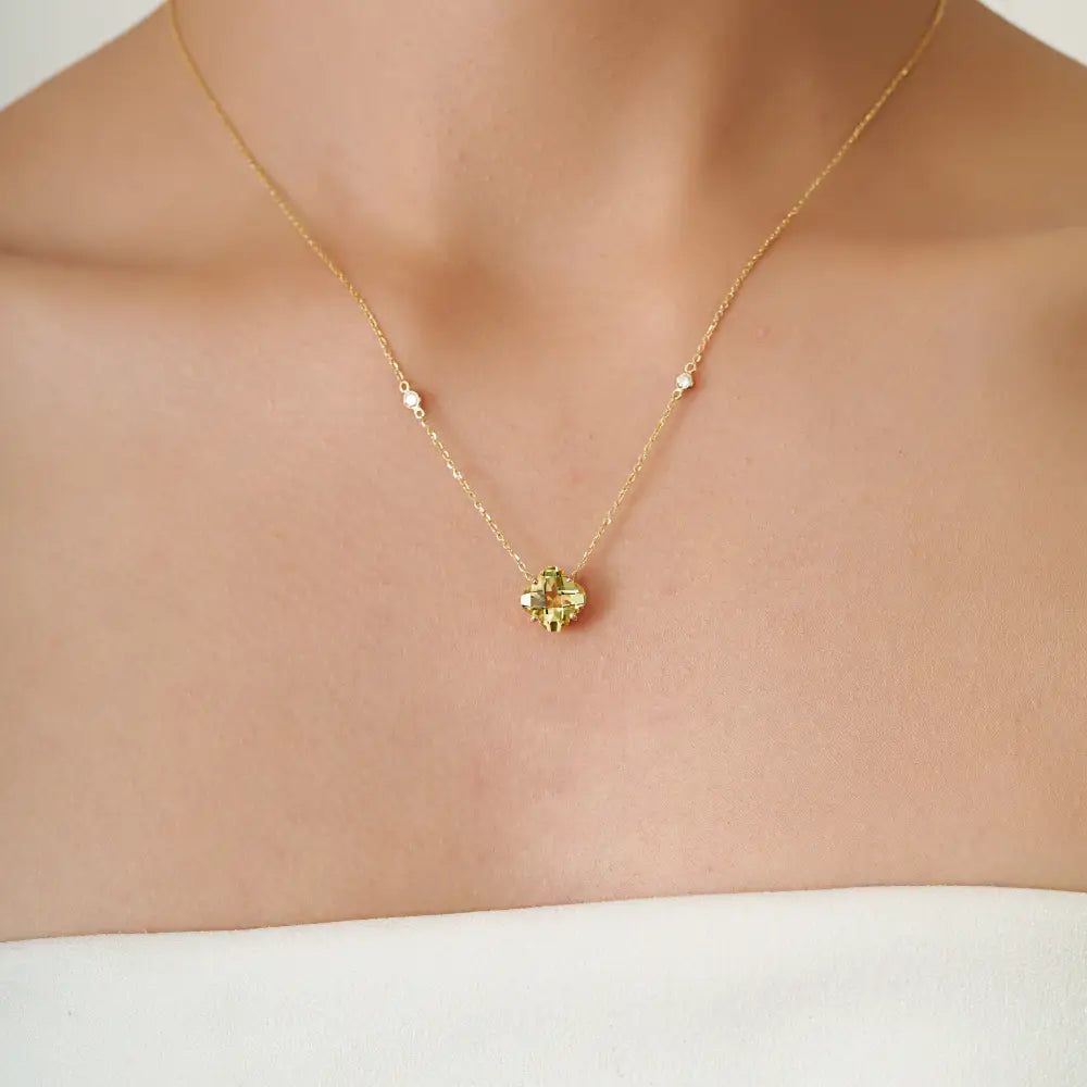 Trending New Design Lemon Topaz & Diamond Clover Shape Pendant Necklace 14K Gold