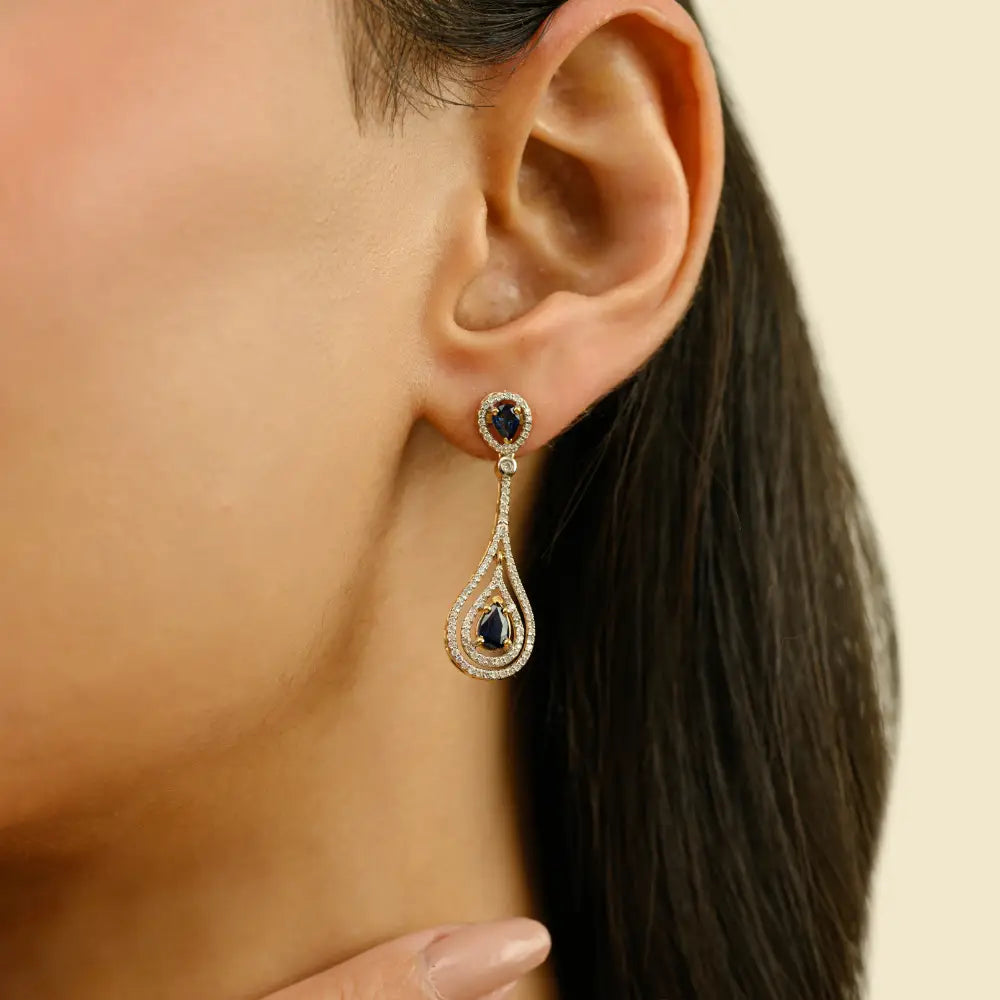 Unique Design Blue Sapphire & Diamond Teardrop Dangle Earrings Pure 18K Yellow Gold