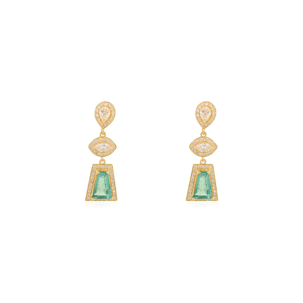 New Style 18K Yellow Gold Emerald & Diamond Statement Dangle Earrings Handmade Jewelry