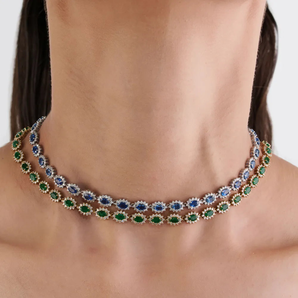 9.88ct. Zambian Emerald & Diamond Pure K14 Yellow Gold Cluster Tennis Necklace May Birthstone Jewelry