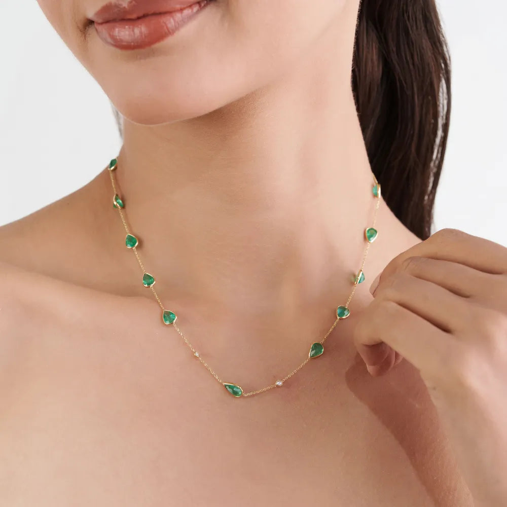 Pear Shape Emerald & Round Cut Diamond Simple Station Chain Necklace For Women's 14K Yellow Gold