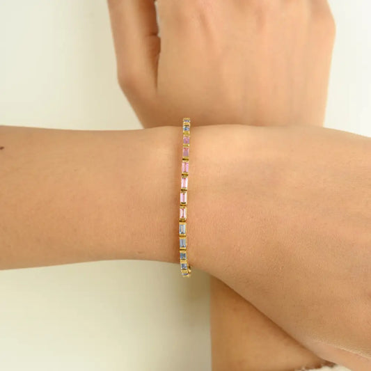 Horizontal Baguette Shape Multi Sapphire Unisex Tennis Bracelet Half Bezel Setting