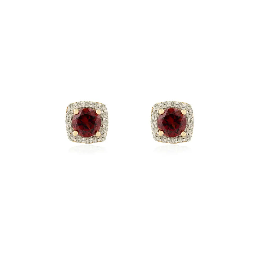Simple Elegant Garnet & Diamond Square Shape Halo Stud Earrings Everyday 14k Gold Jewelry