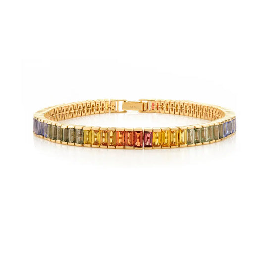 Natural Gemstone Baguette Cut Multi Sapphire Tennis Bracelet Solid K14 Yellow Gold Jewelry
