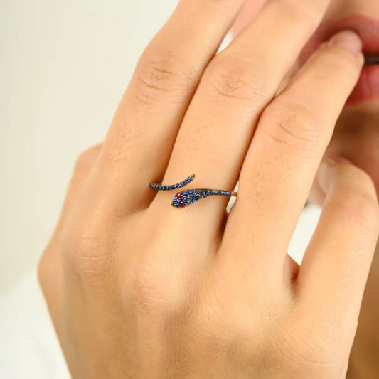 Unique Design Ruby & Blue Sapphire Open Snake Stacking Ring Real K18 White Gold Jewelry