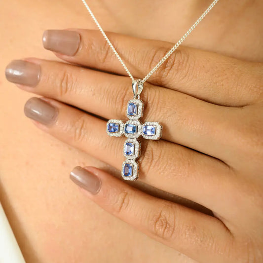 Birthstone Blue Sapphire & Diamond Halo Cross Pendant 14K Real White Gold Fine Jewelry
