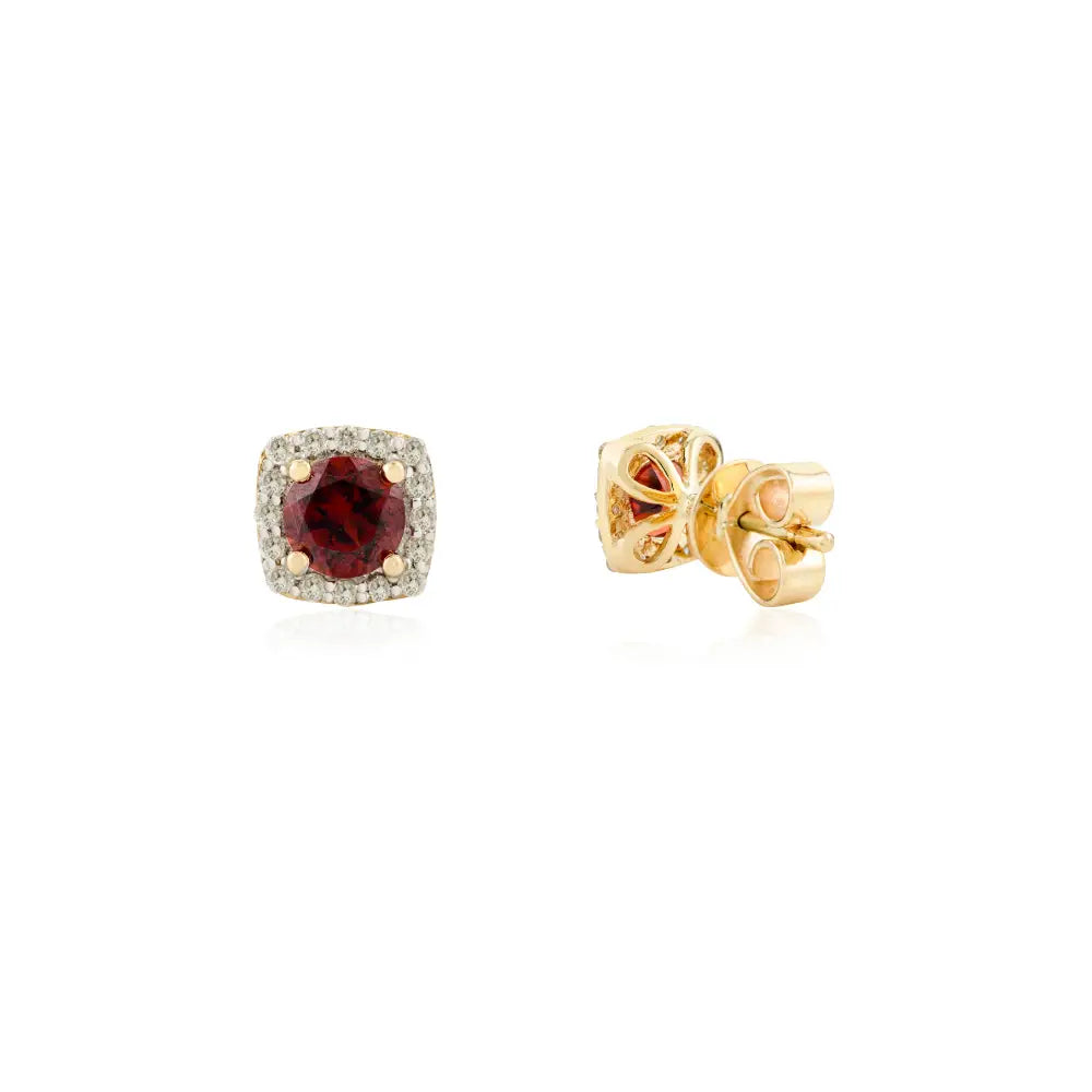 Simple Elegant Garnet & Diamond Square Shape Halo Stud Earrings Everyday 14k Gold Jewelry