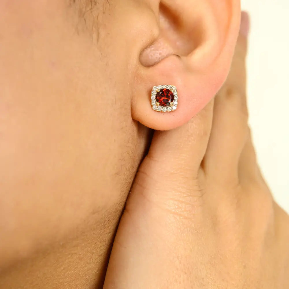 Simple Elegant Garnet & Diamond Square Shape Halo Stud Earrings Everyday 14k Gold Jewelry