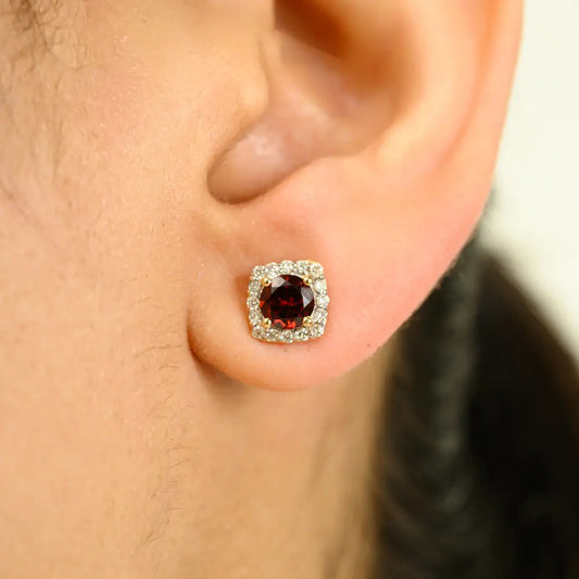 Simple Elegant Garnet & Diamond Square Shape Halo Stud Earrings Everyday 14k Gold Jewelry