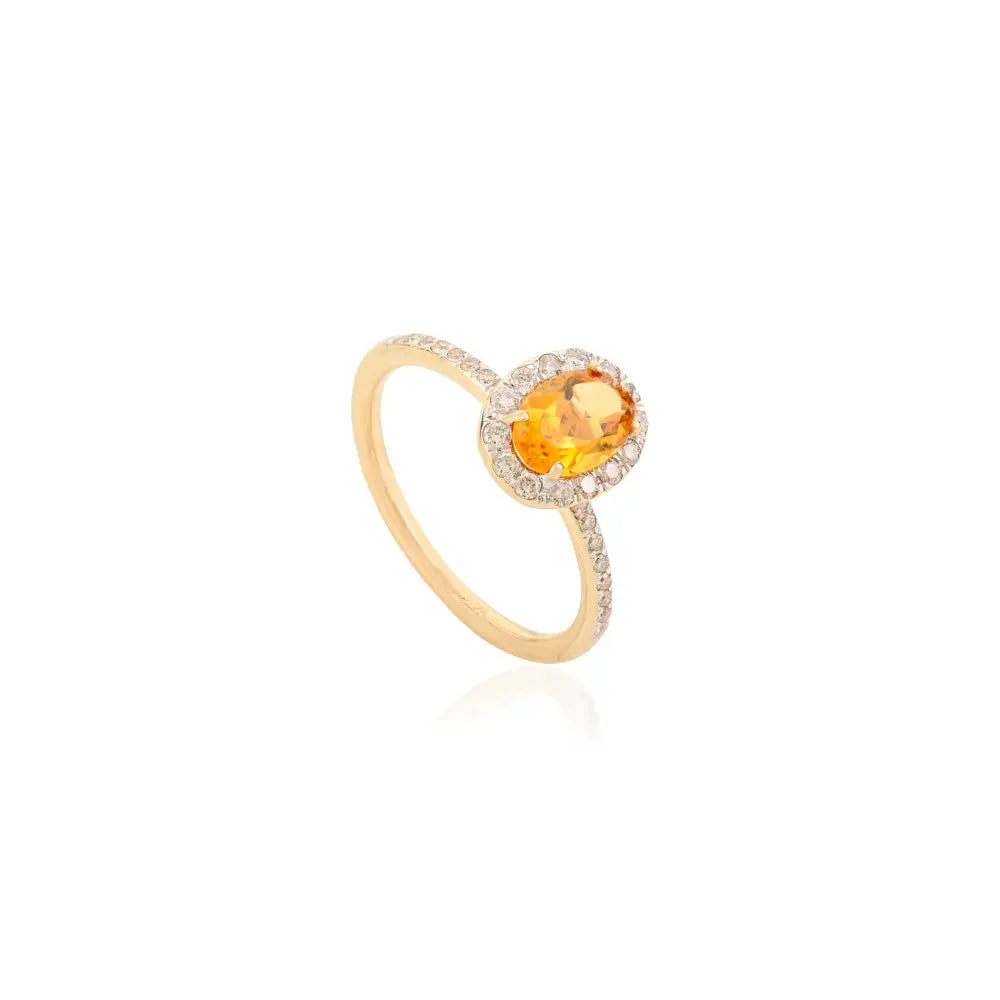 November Birthstone Citrine & Diamond 14K Solid Yellow Gold Halo Set Engagement Ring