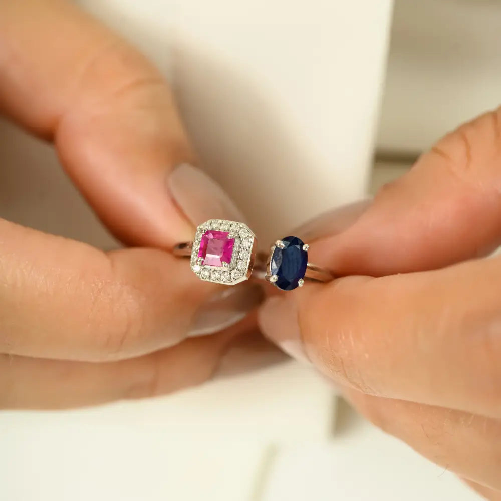 Precious Gemstone Ruby Blue Sapphire & Diamond 14K White Gold Two Stone Open Ring