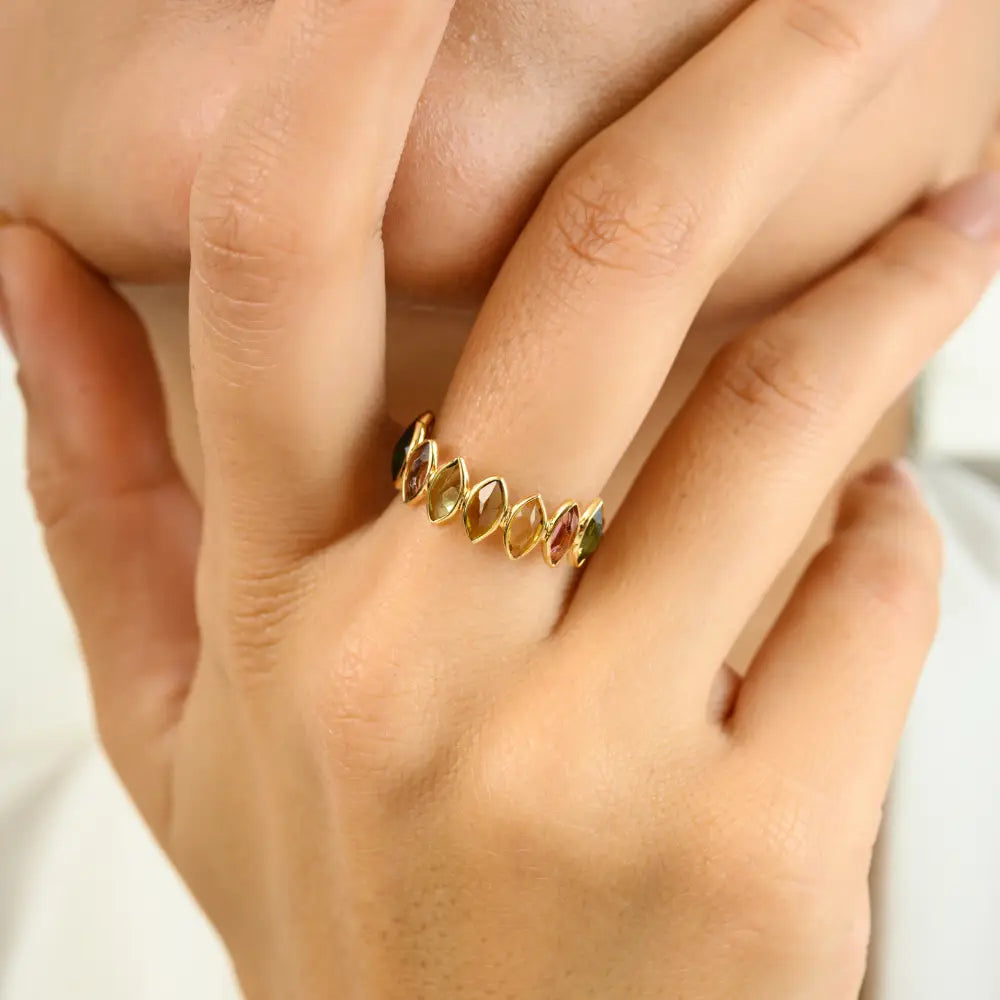 Bezel Set Multi Tourmaline 18K Yellow Gold Fine Half Eternity Band Ring Wholesale Price