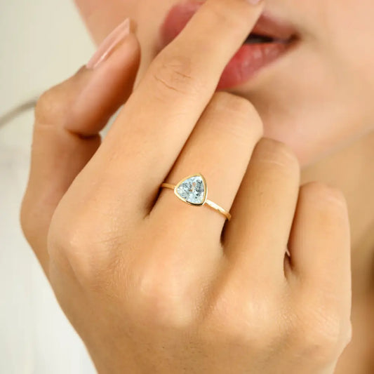 Good Quality Trillion Cut Aquamarine Solid 14K Yellow Gold Single Stone Ring Fine Jewelry