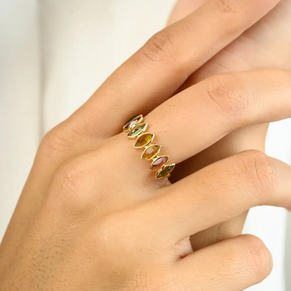 Bezel Set Multi Tourmaline 18K Yellow Gold Fine Half Eternity Band Ring Wholesale Price