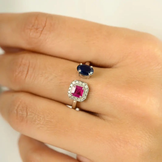 Precious Gemstone Ruby Blue Sapphire & Diamond 14K White Gold Two Stone Open Ring