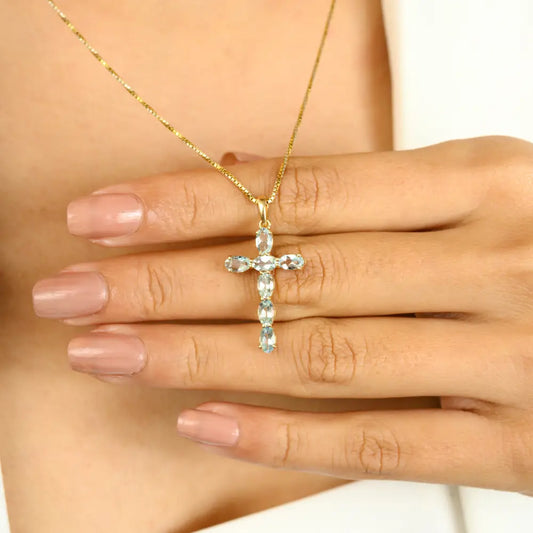 Oval Cut Aquamarine Crucifix Cross Pendant Christian Jewelry Real 14K Solid Yellow Gold