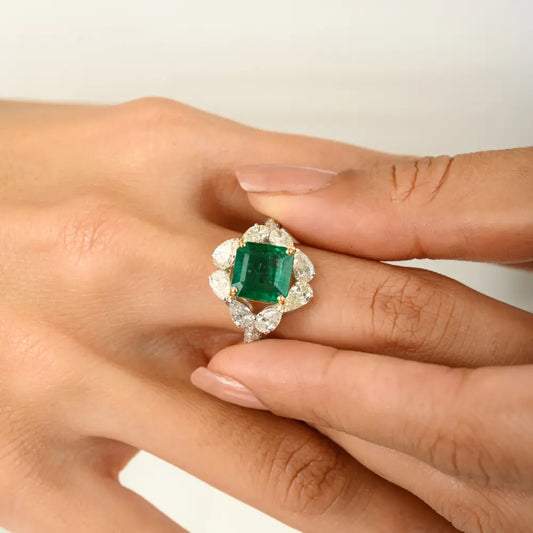 Square Cut Zambian Emerald & Diamond Real 18K Two Tone Gold Statement Wedding Ring