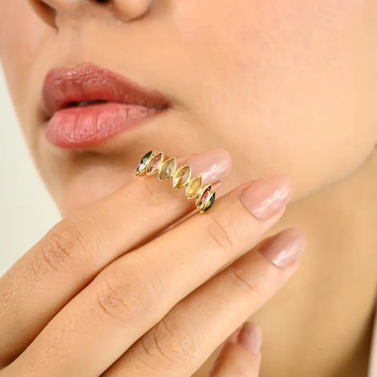 Bezel Set Multi Tourmaline 18K Yellow Gold Fine Half Eternity Band Ring Wholesale Price