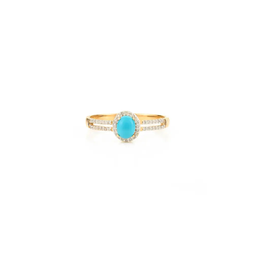 Oval Cut Turquoise & Diamond Spilt Shank Ring 14K Solid Gold Light Weight Minimal Jewelry